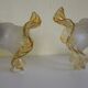 Wall lamps, opaque corolla and iridescent ochre lampshade, brass and wood support
