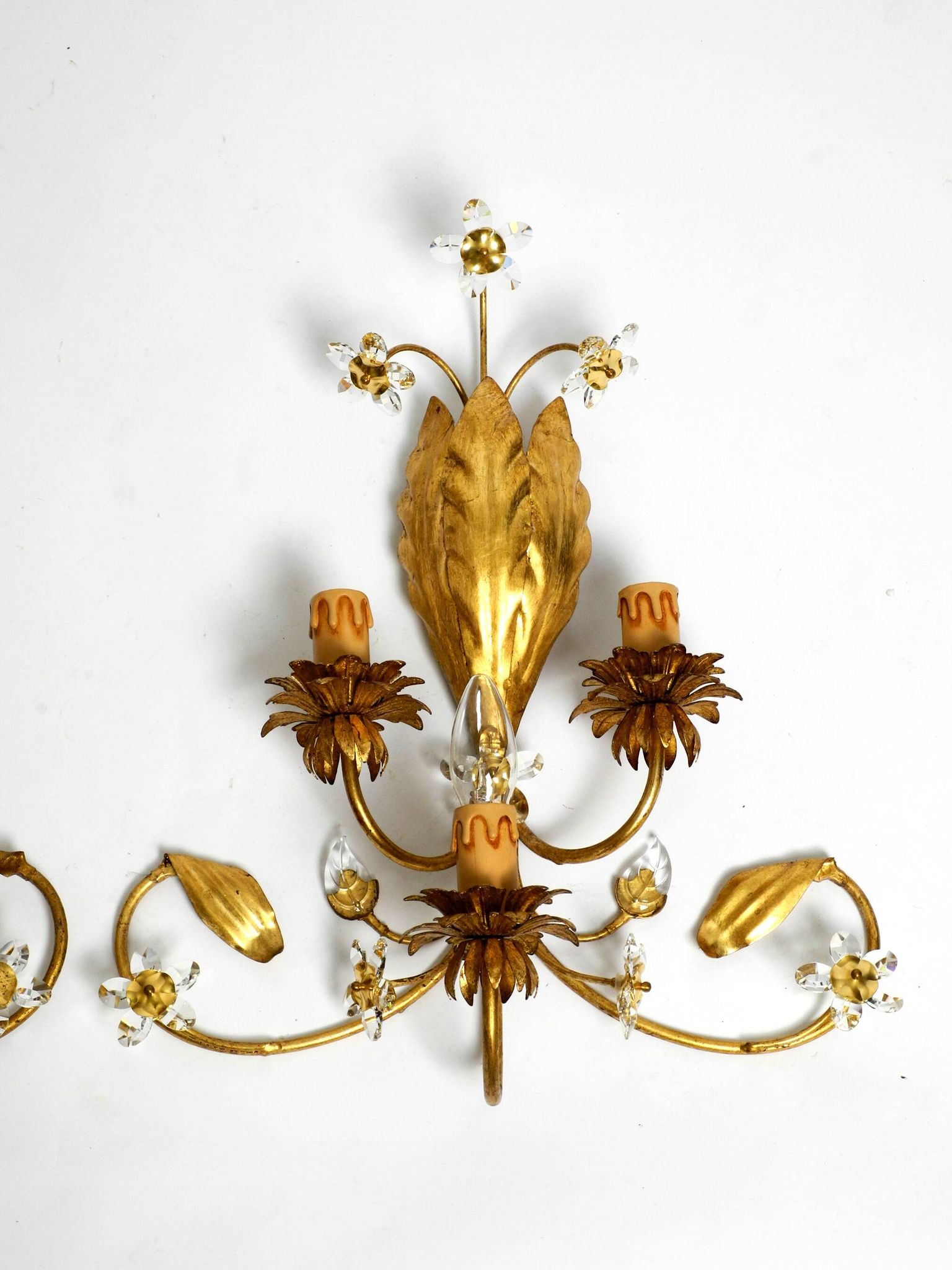 Pair of gold plated Italian 1980's floral Regency Murano glass sconces