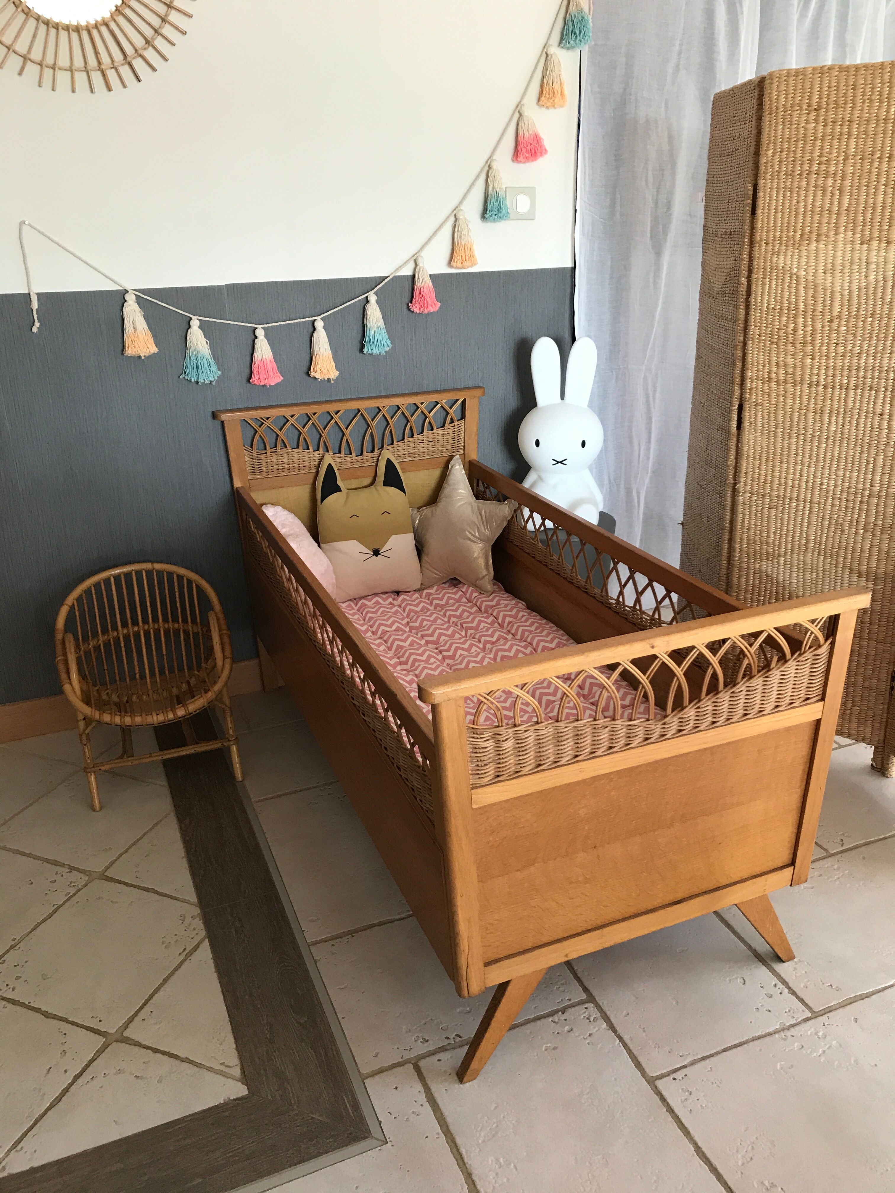 Vintage wood and rattan year 60 baby bed