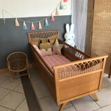 Vintage wood and rattan year 60 baby bed