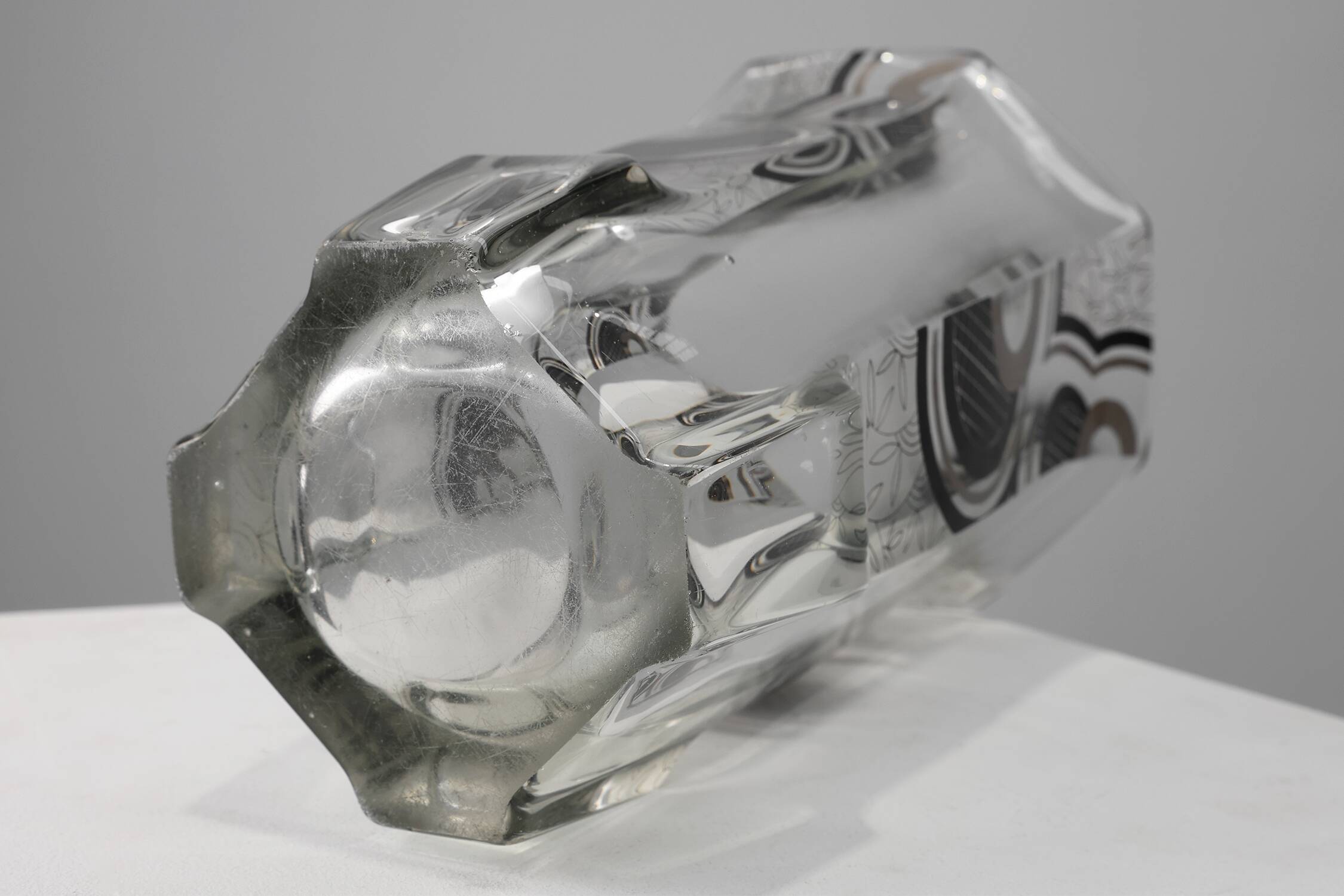 Art Deco Glass Vase with Black Graphic Decoration, France, circa 1940