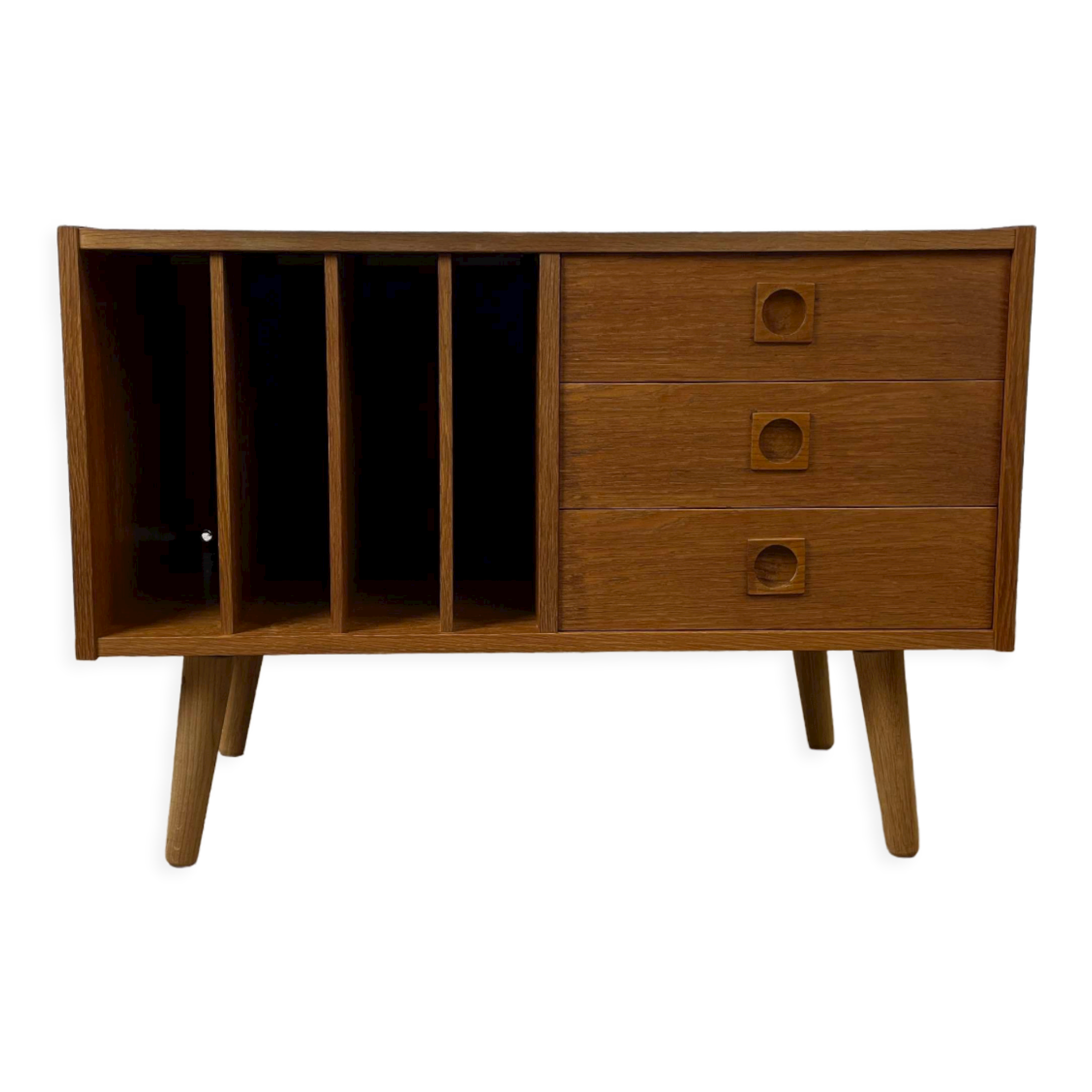 Scandinavian oak chest of drawers with vinyl storage, 60s