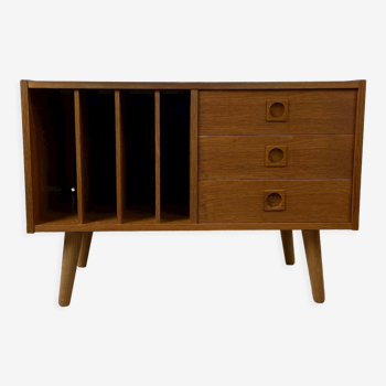 Scandinavian oak chest of drawers with vinyl storage, 60s