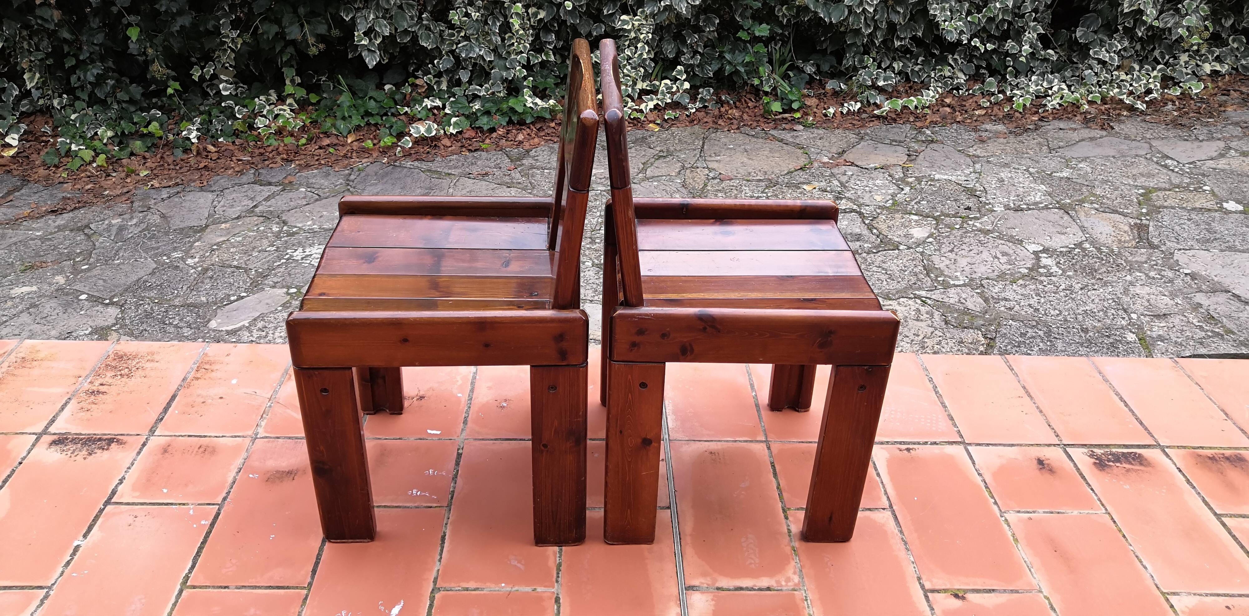 Brutalist Solid Pine Chairs Set of 4, 70s