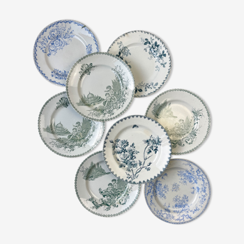 8 assiettes terre de fer dépareillées vertes et bleu st amand