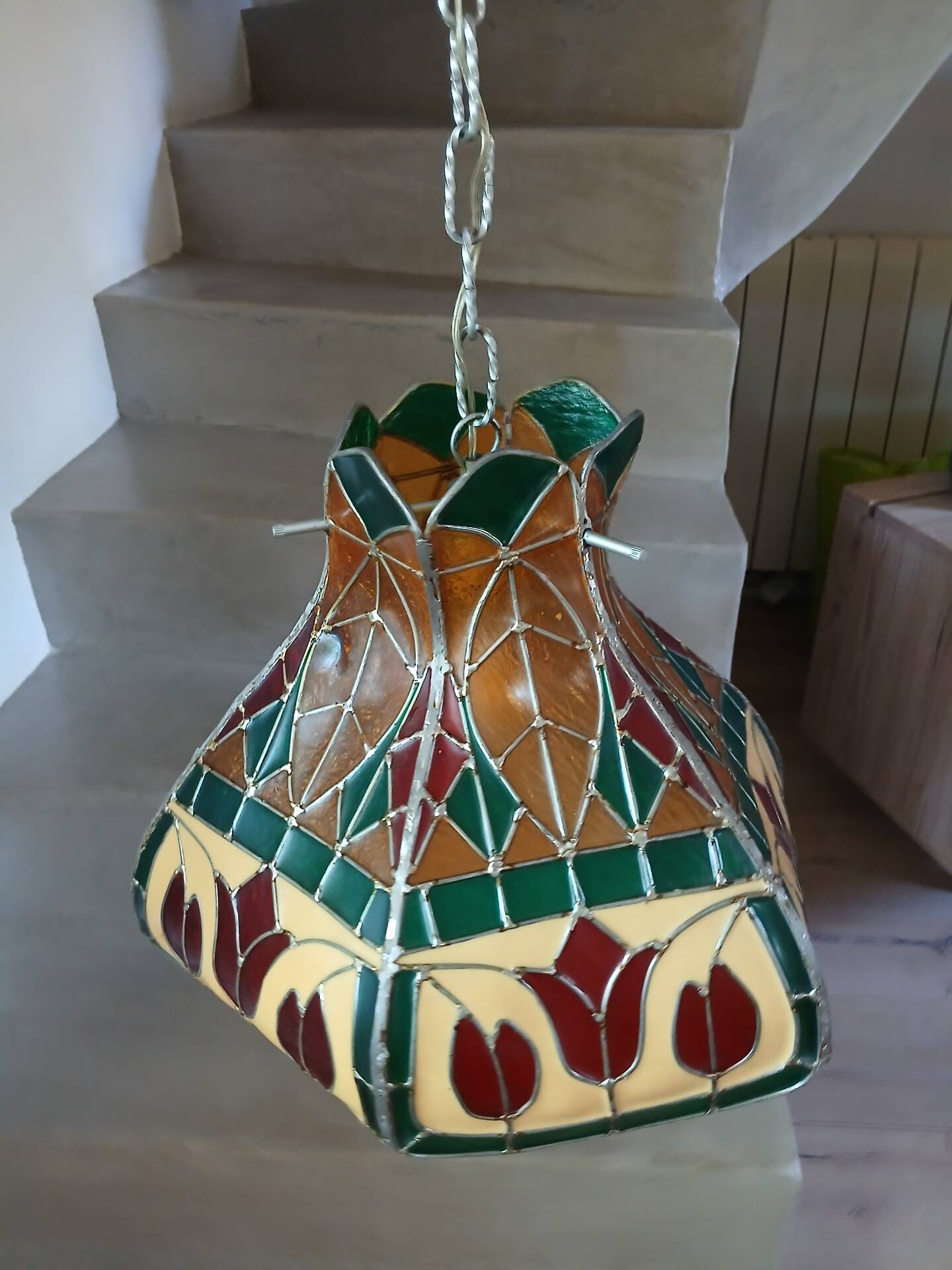 Vintage pendant light with multicoloured stained glass.