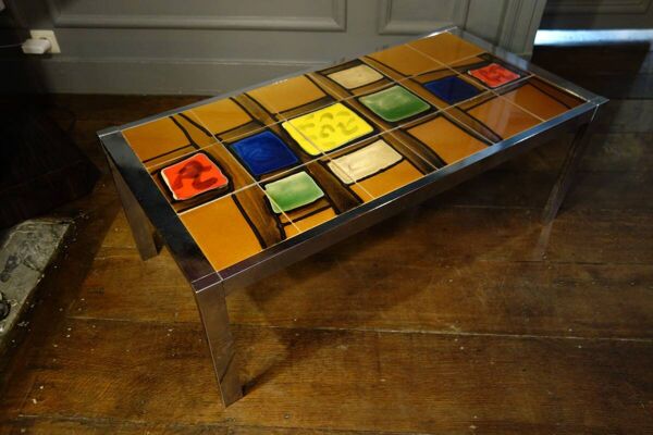 Table basse céramique / métal chromé Design Style Belarti, circa 1960