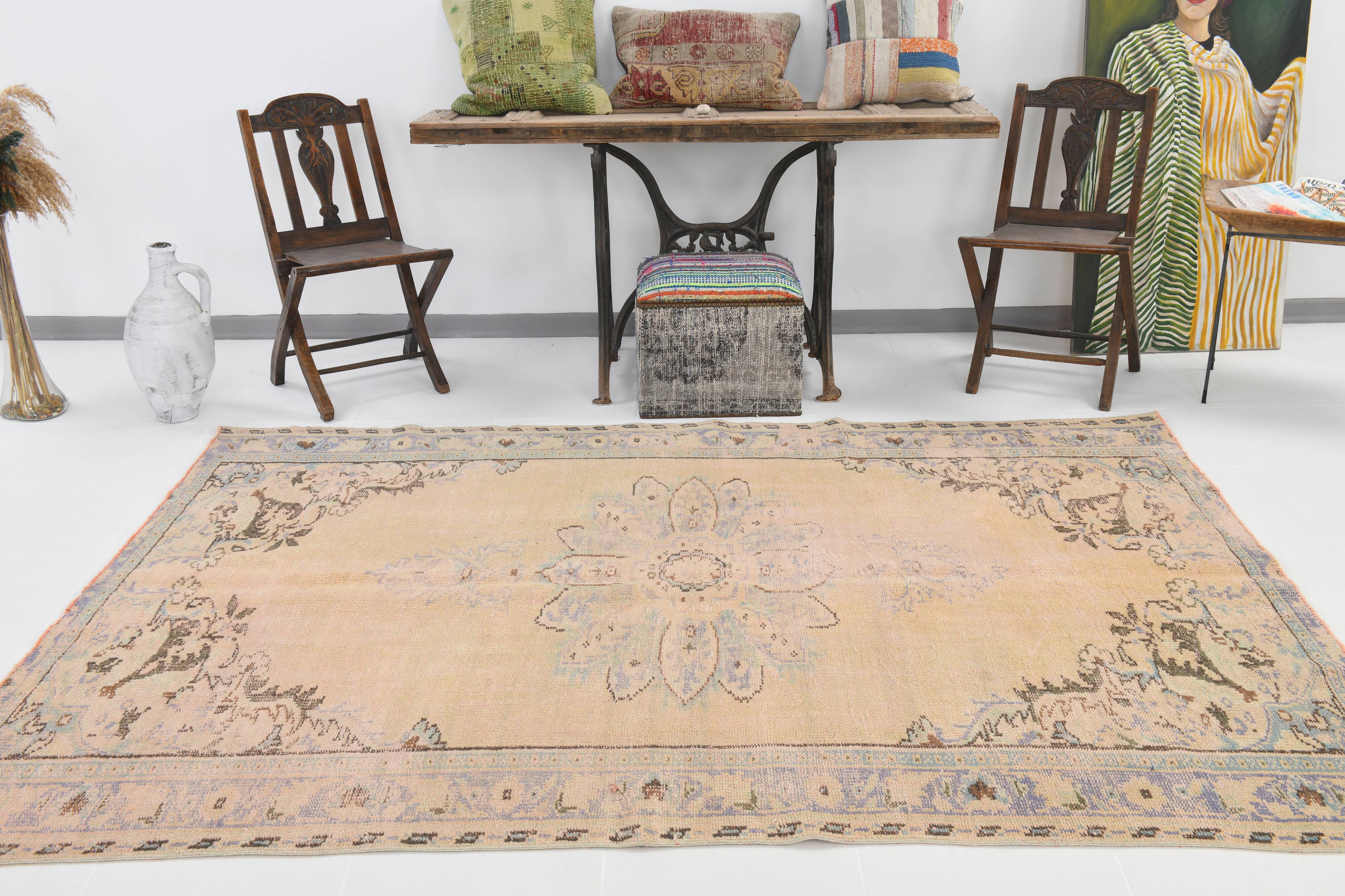 Tapis vintage beige, tapis turc vintage délavé par le soleil, tapis beige