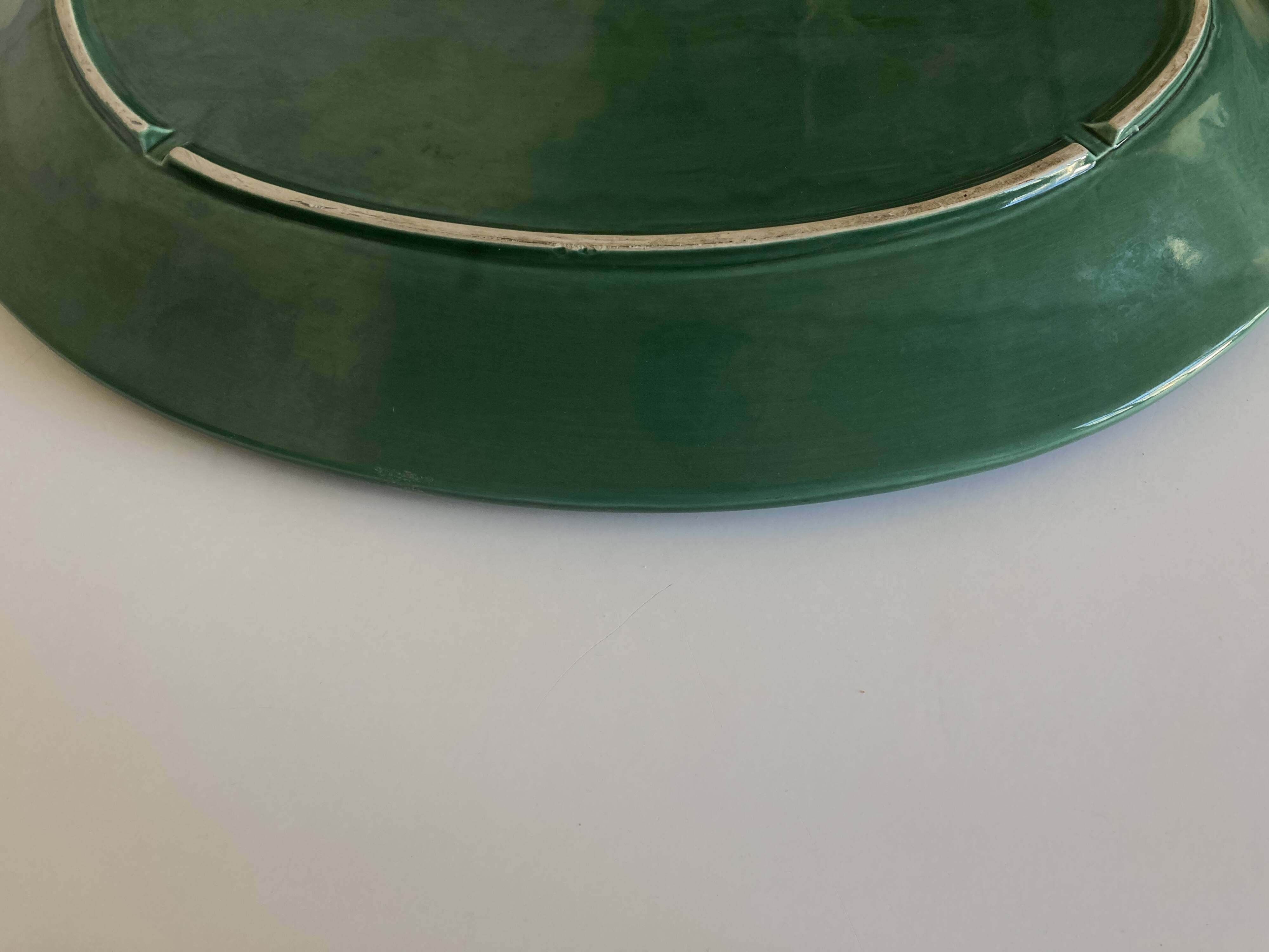 XXXL oval earthenware centerpiece dish with pearl decor, green covered, 1960s