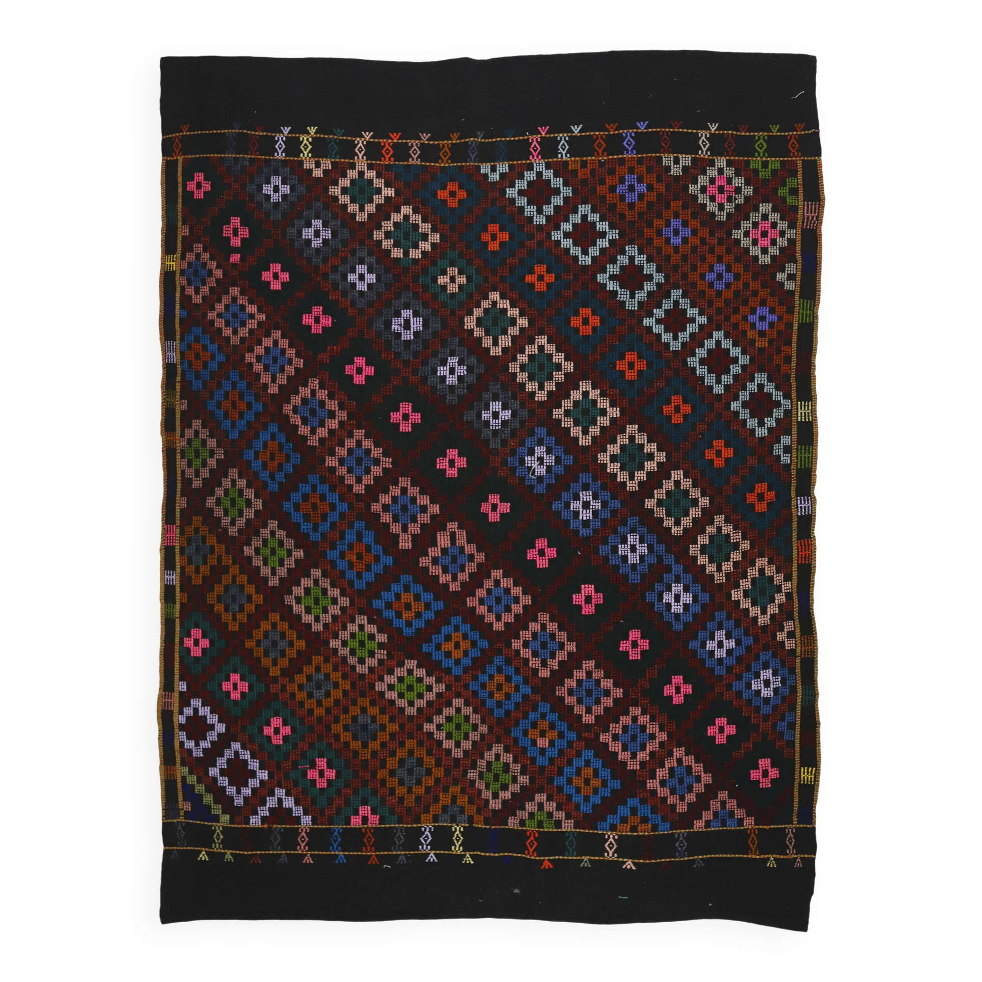 Large vintage Turkish kilim, graphic blue and pink, 282 x 203 cm.