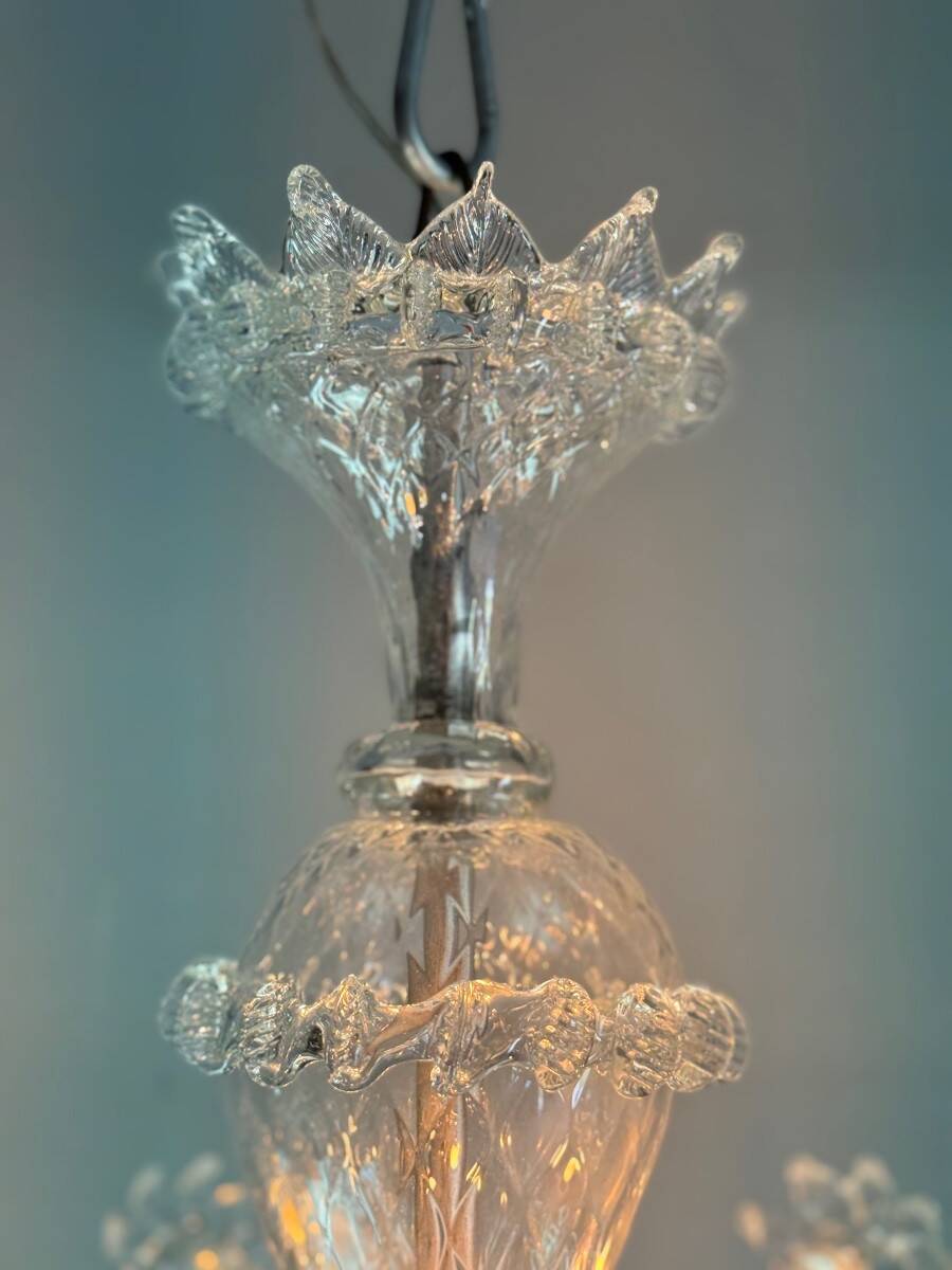 Venetian chandelier in colorless Murano glass with 6 light arms circa 1940
