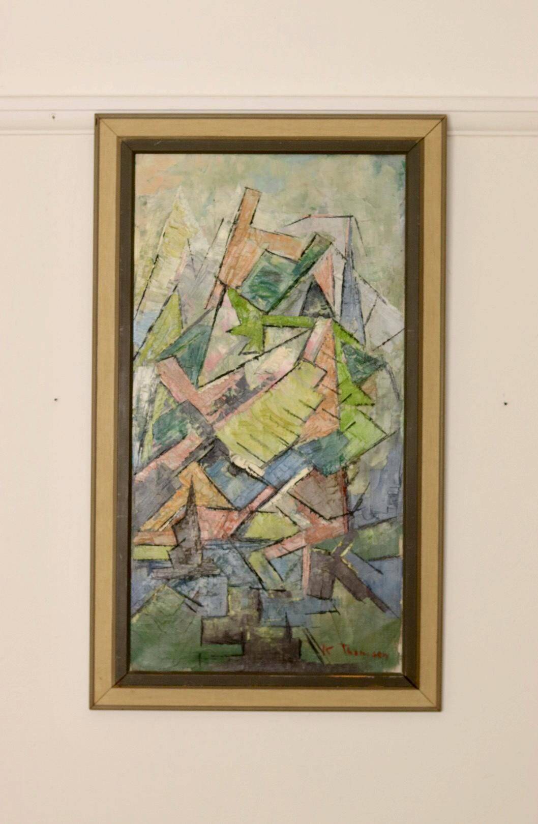 Original Swedish Mid-Century Oil on Canvas" Cubist Composition" by K. Thomsen - Vintage and Framed