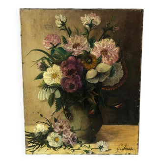 vintage painting, oil painting on canvas, signed painting bouquet of flowers