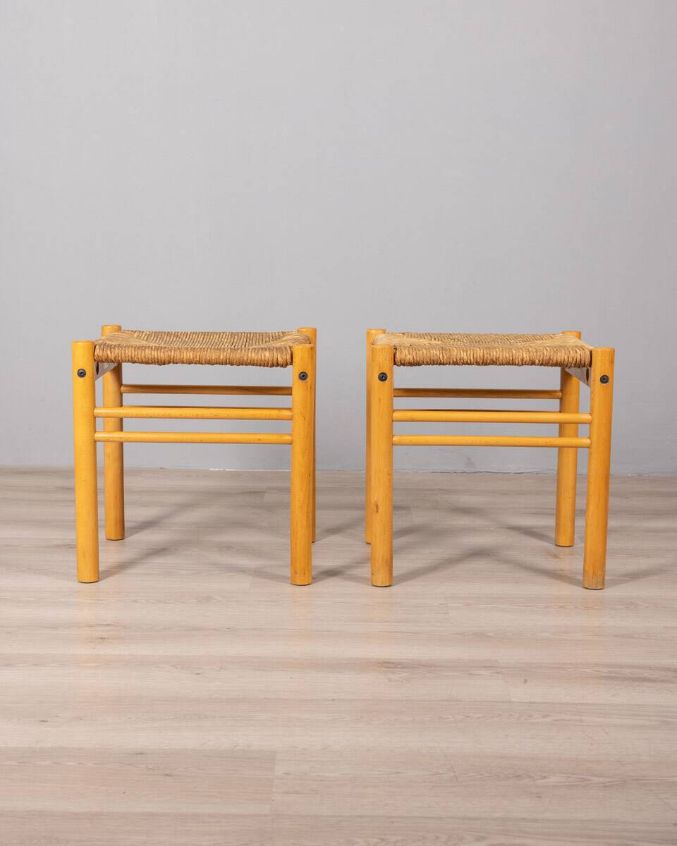 Pair of vintage 70s stools in wood and rope design hibiscus