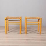Pair of vintage 70s stools in wood and rope design hibiscus