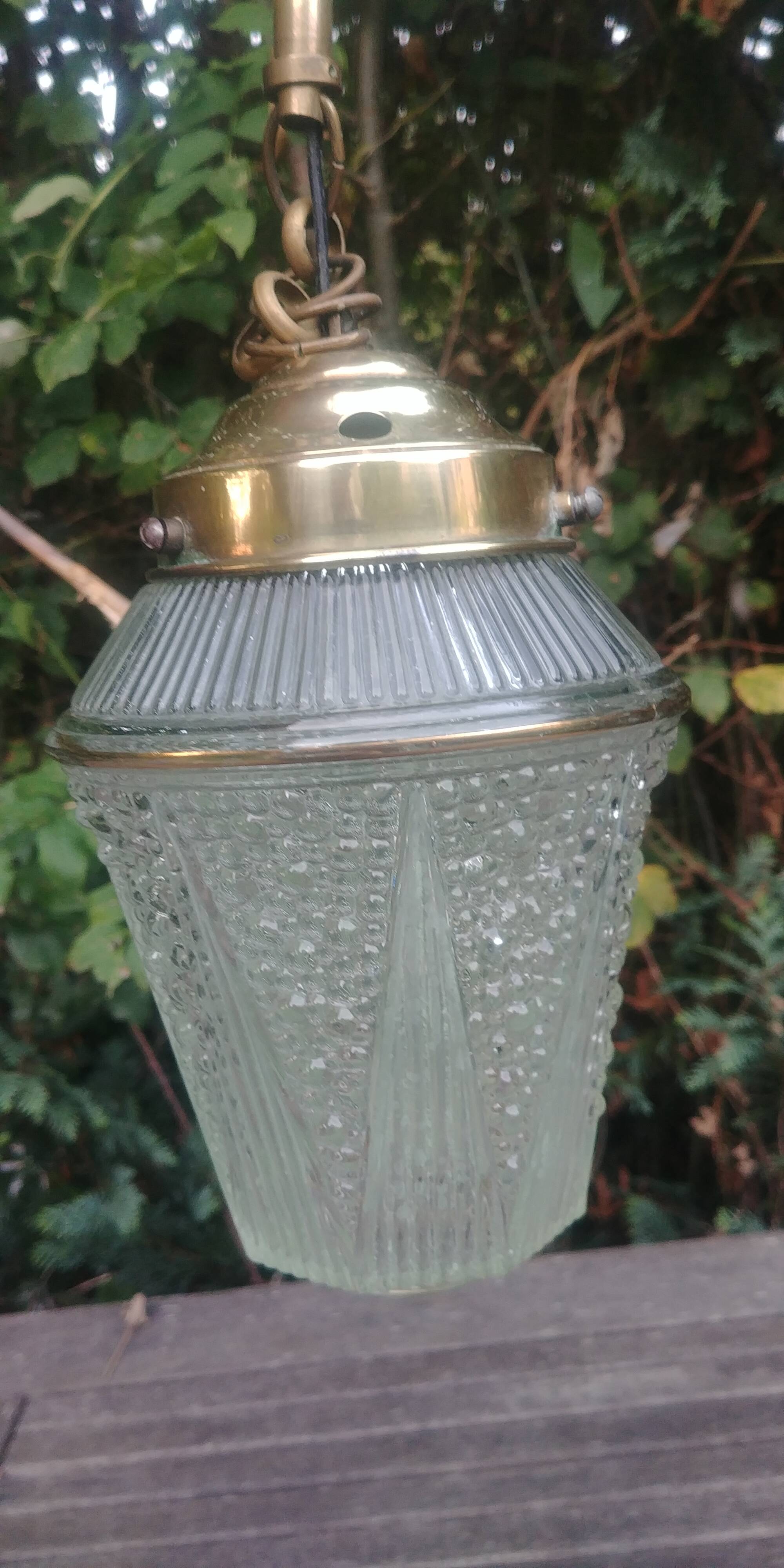 Art Deco style glass and brass pendant from the 20s/30s in water green color