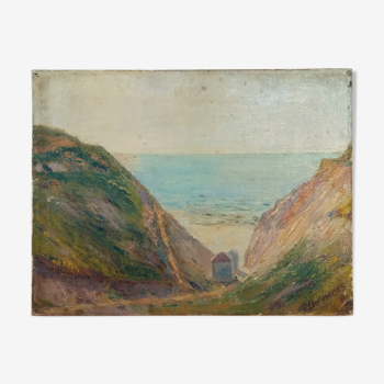 Peinture à l'huile, paysage bord de mer, normandie