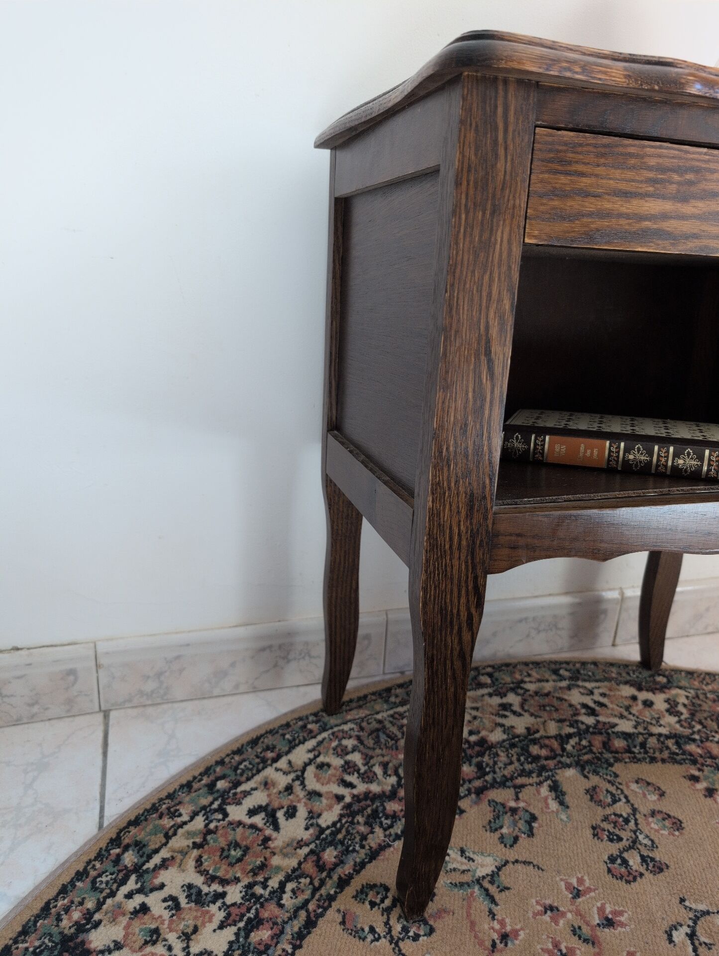 antique dark wood bedside table, cottage, bohemian, curved legs