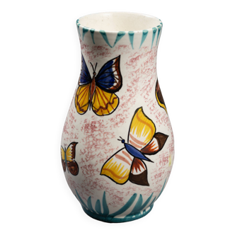 Vallauris ceramic vase - polychrome enameled decor of butterflies