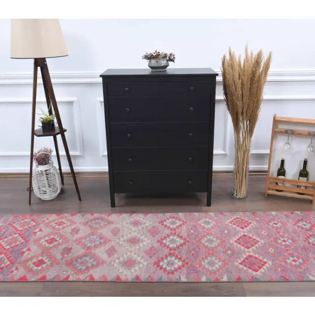Vintage Turkish Hand-Knotted Wool Cotton Pink Runner 83x324