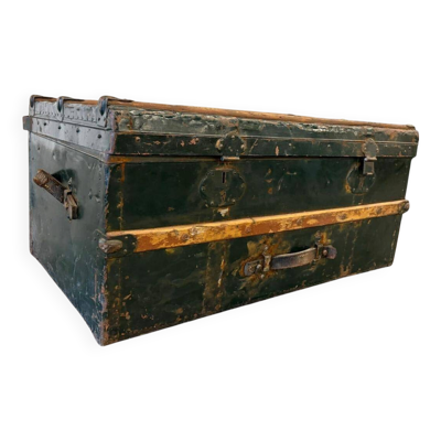 Coffre industriel vintage XL vert en métal / malle de voyage