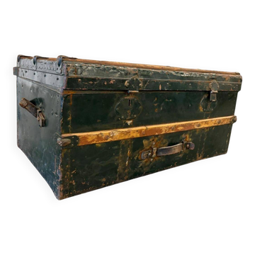 Coffre industriel vintage XL vert en métal / malle de voyage