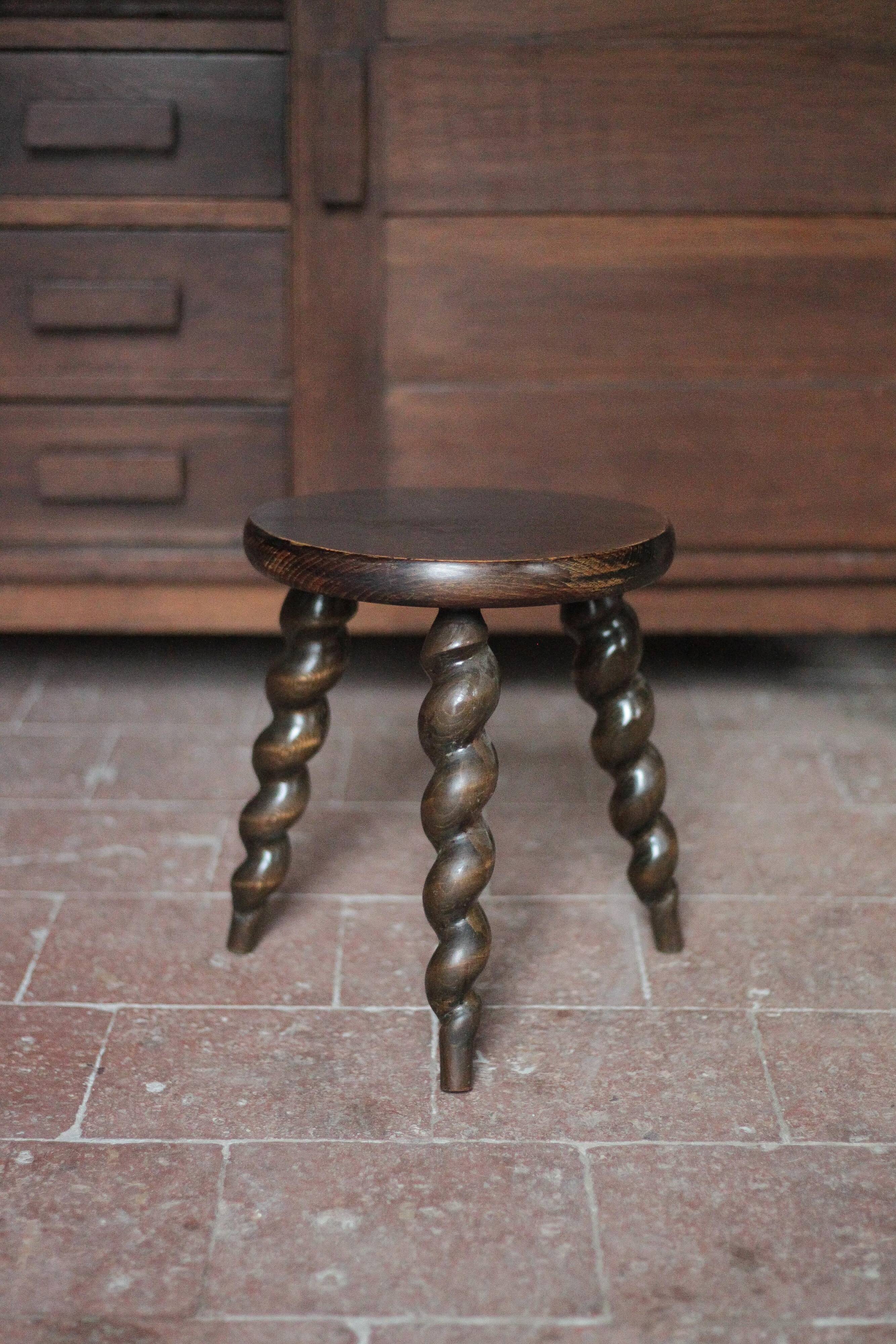 Vintage stool, wooden stool, tripod stool with turned legs, plant stand
