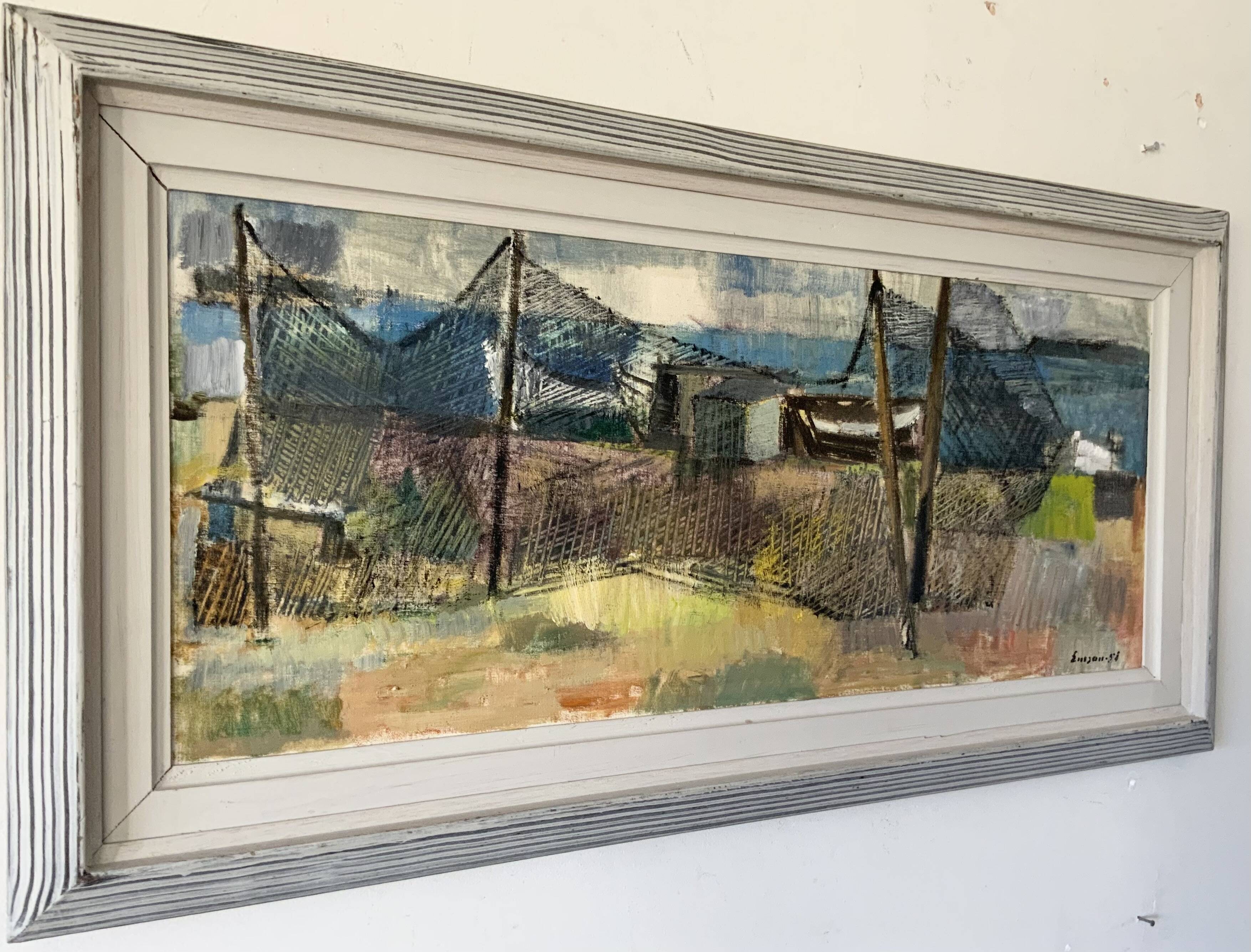 Vintage Oil Painting Fishing Village Scene 1950s