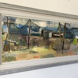 Vintage Oil Painting Fishing Village Scene 1950s