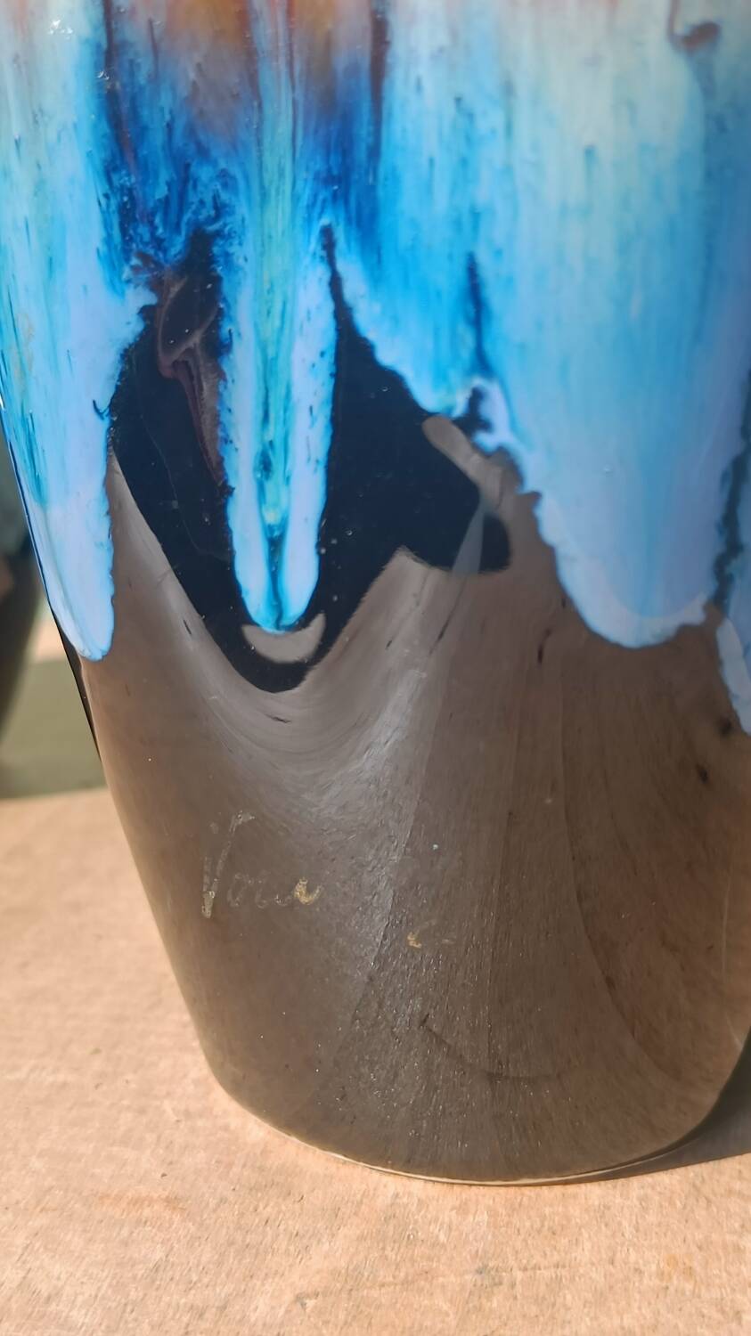 "Pair of vintage glazed ceramic vases – blue flamed glaze – ann"