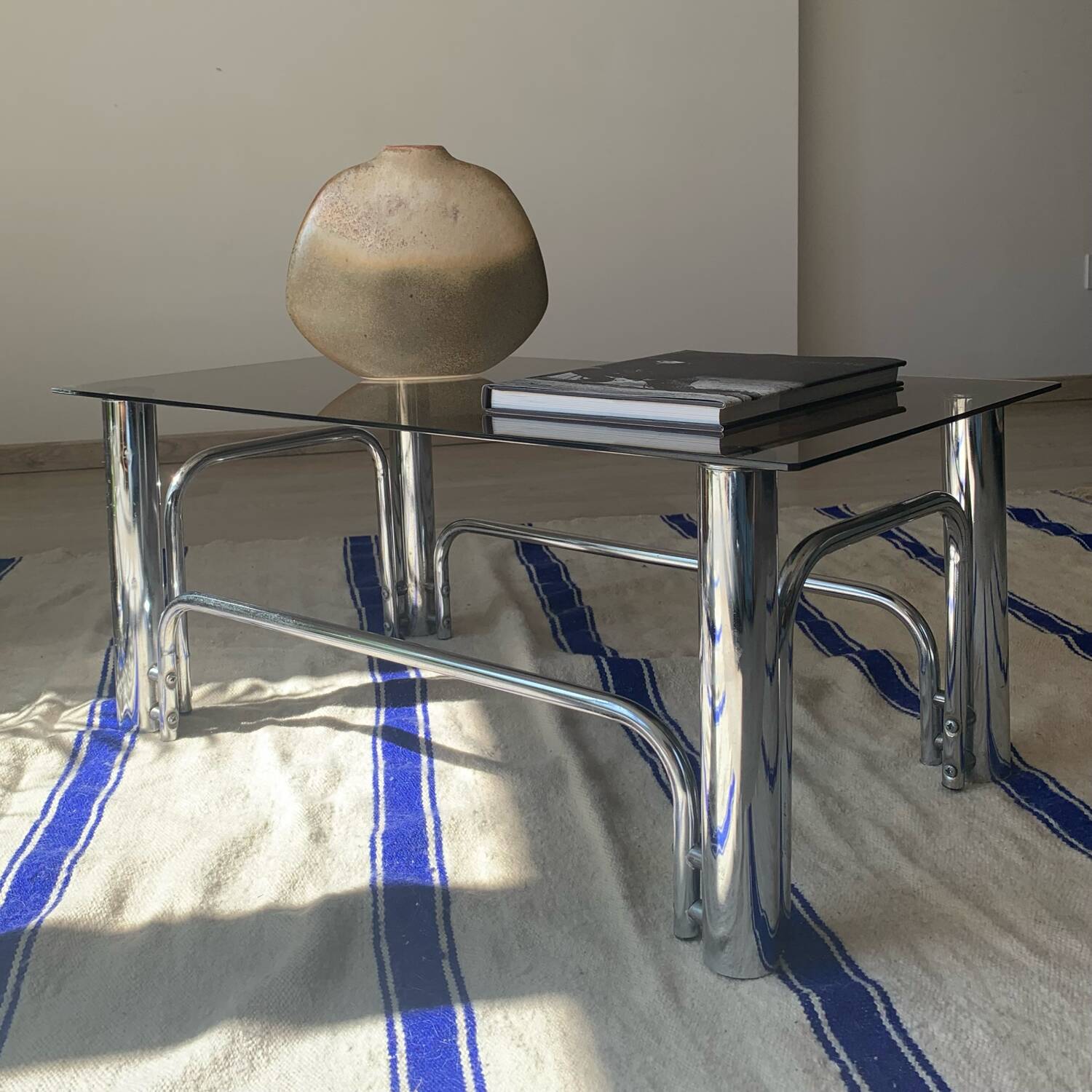 70s glass and chrome metal coffee table