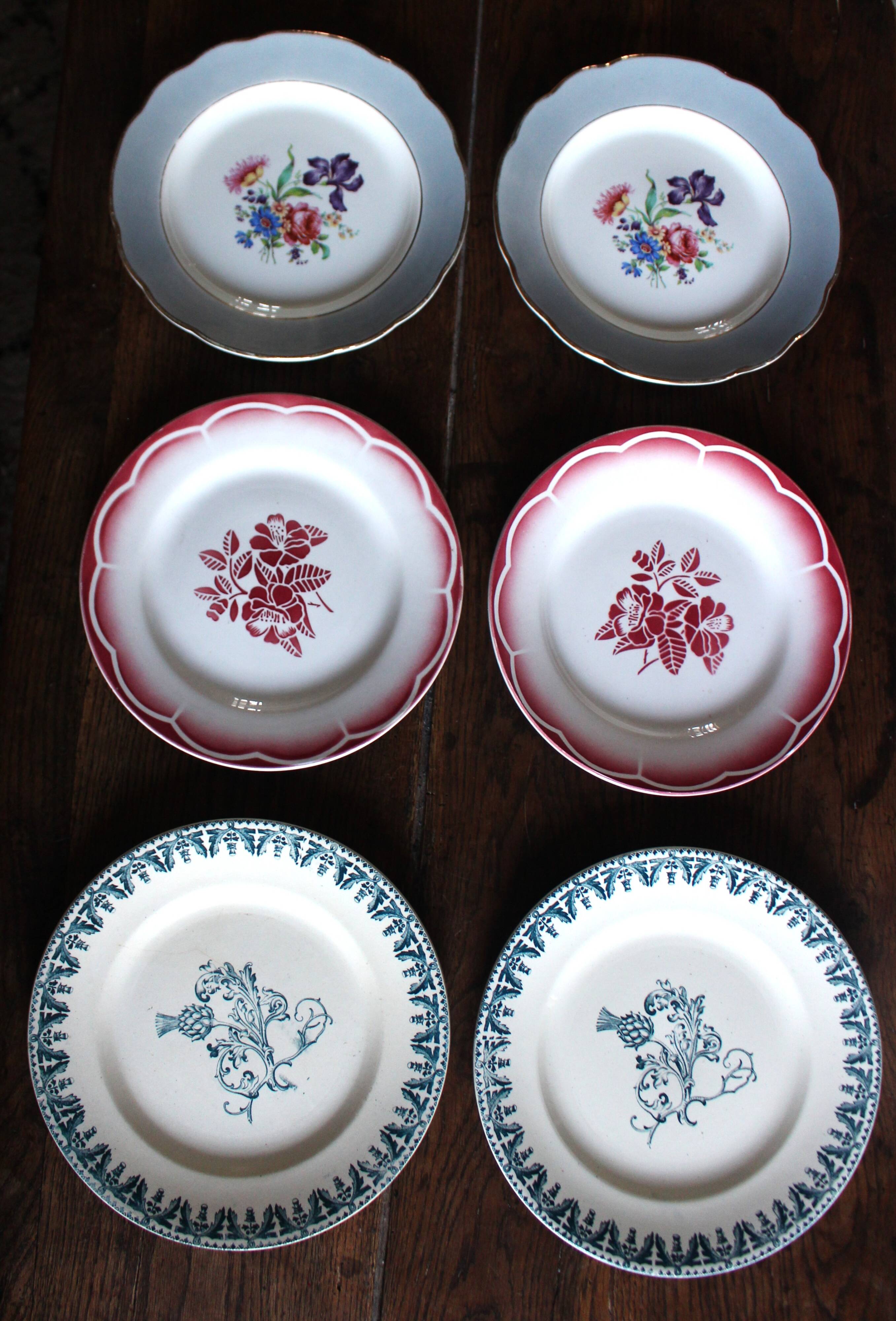 6 mismatched flat plates pairs Terre de Fer Marsac Flowers Digoin