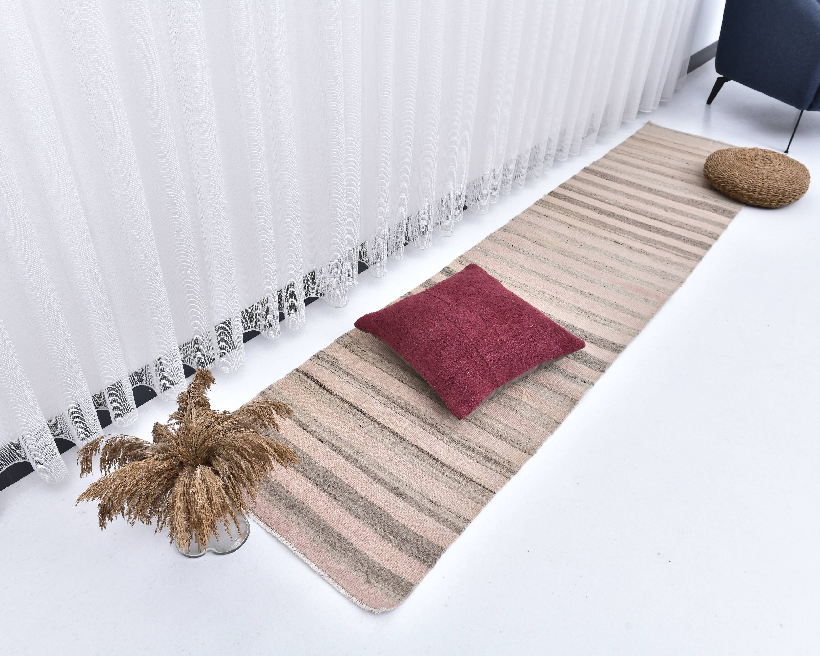 pink brown wool runner rug, Turkish vintage runner kilim  67x293 cm