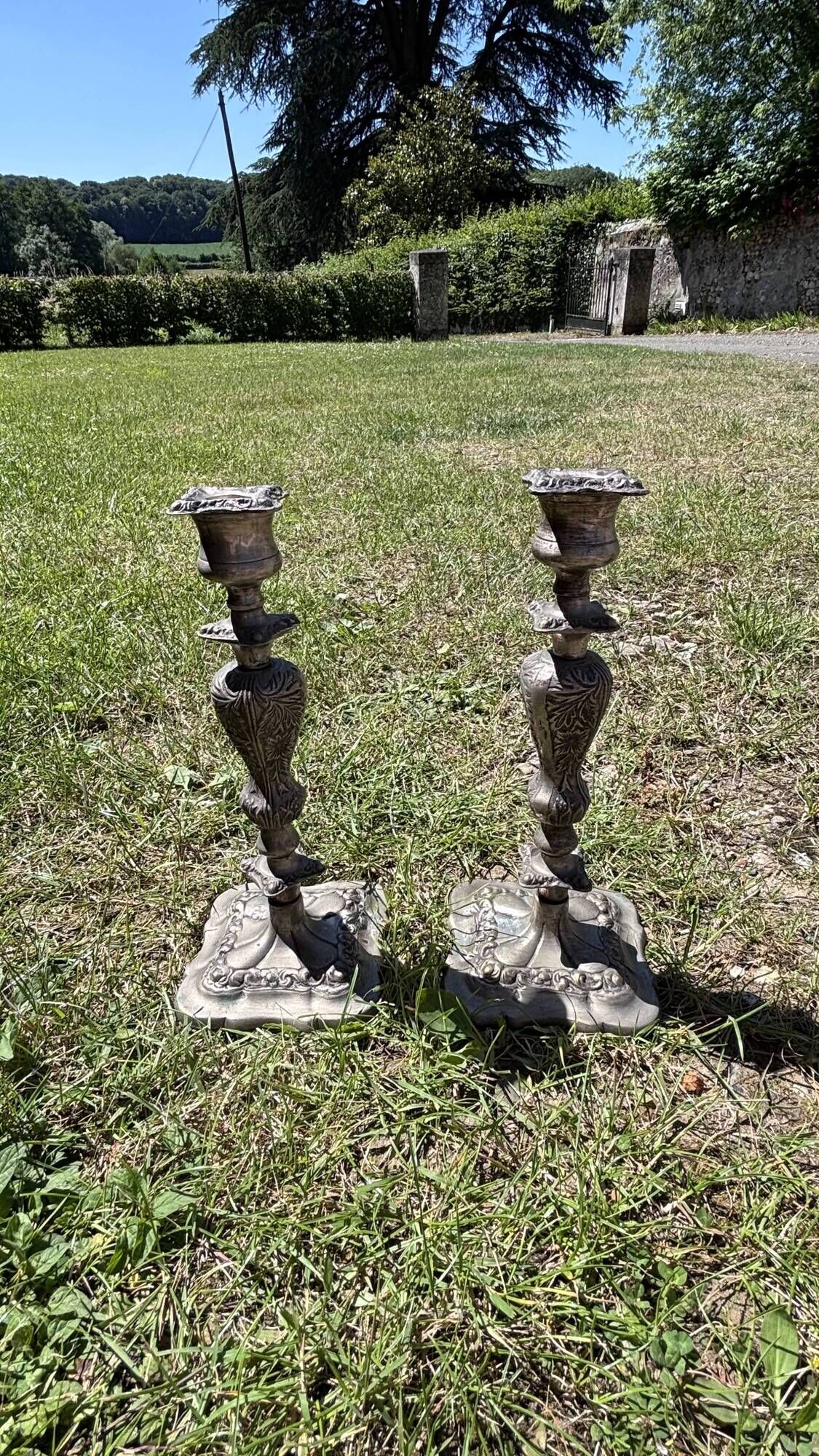 Pair of patinated metal baroque candlesticks – Louis XV style