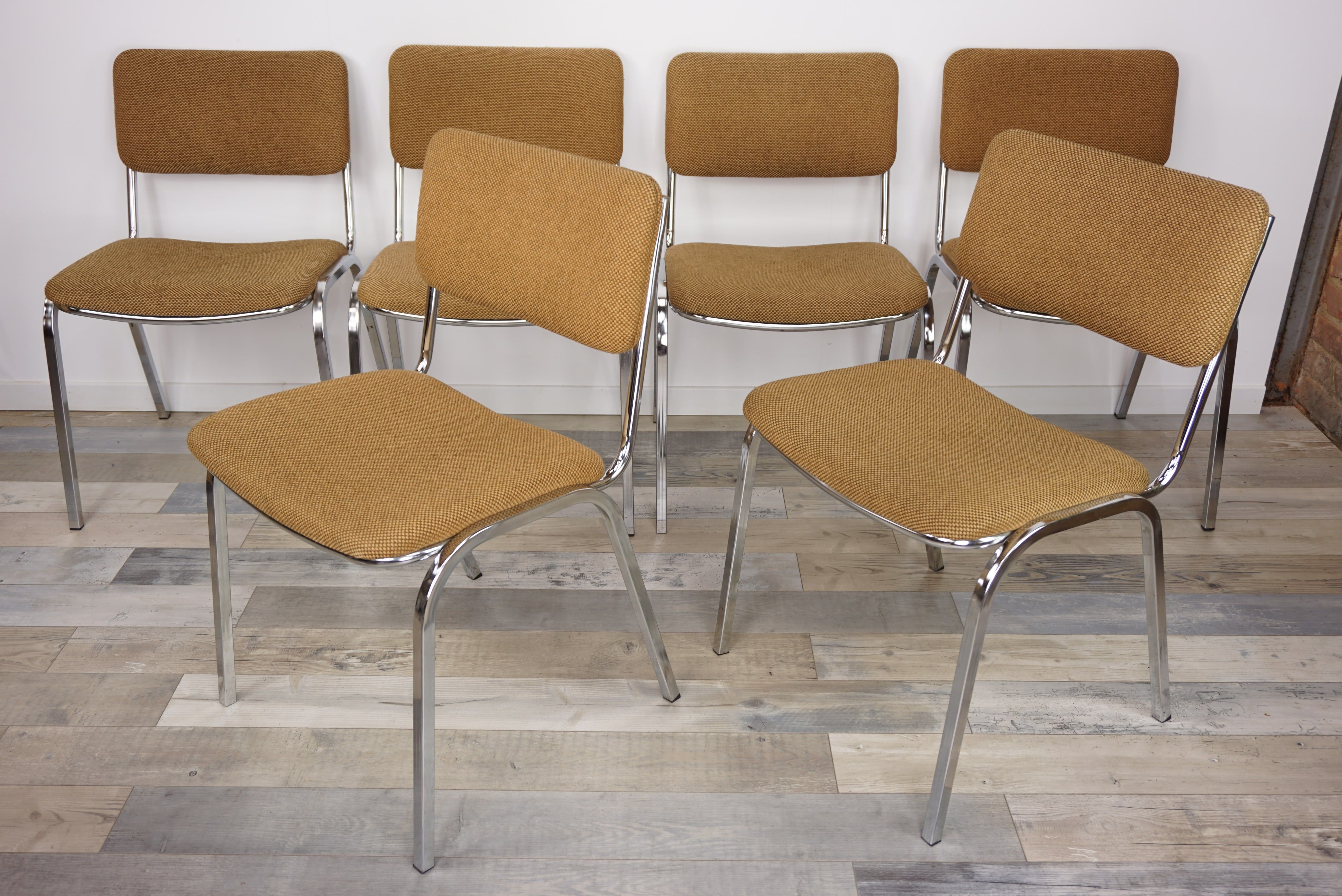 Suite of 6 chrome and tweed chairs 50