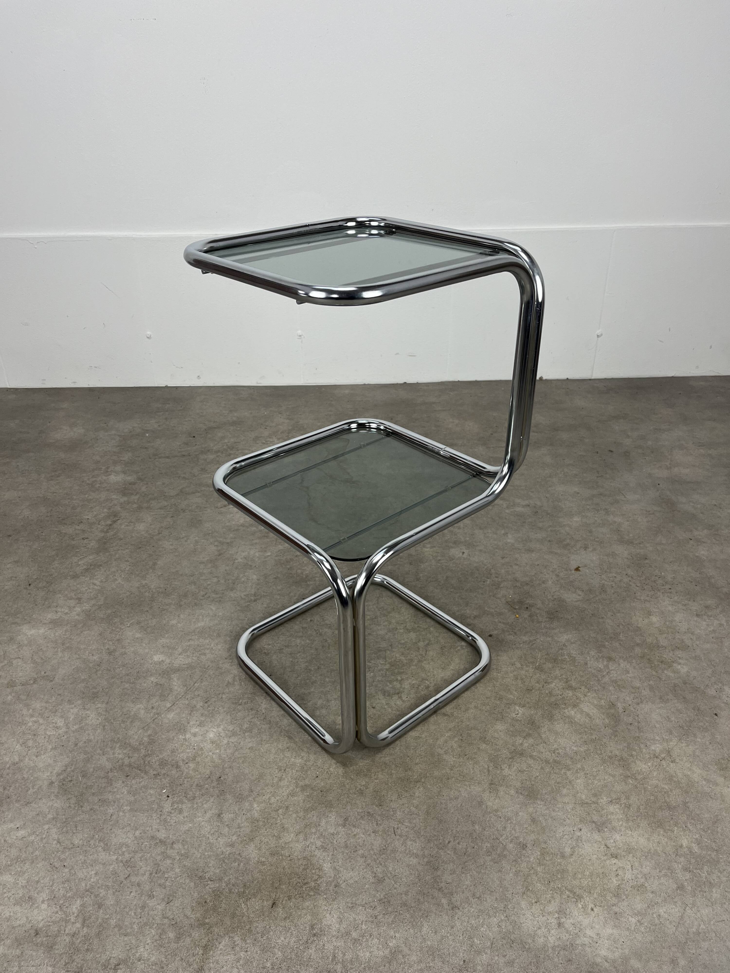 70s pedestal table, chrome and smoked glass side table