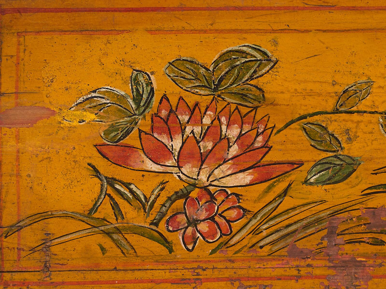 Antique Asian ochre-colored box with lotus flowers (c.1900) #1