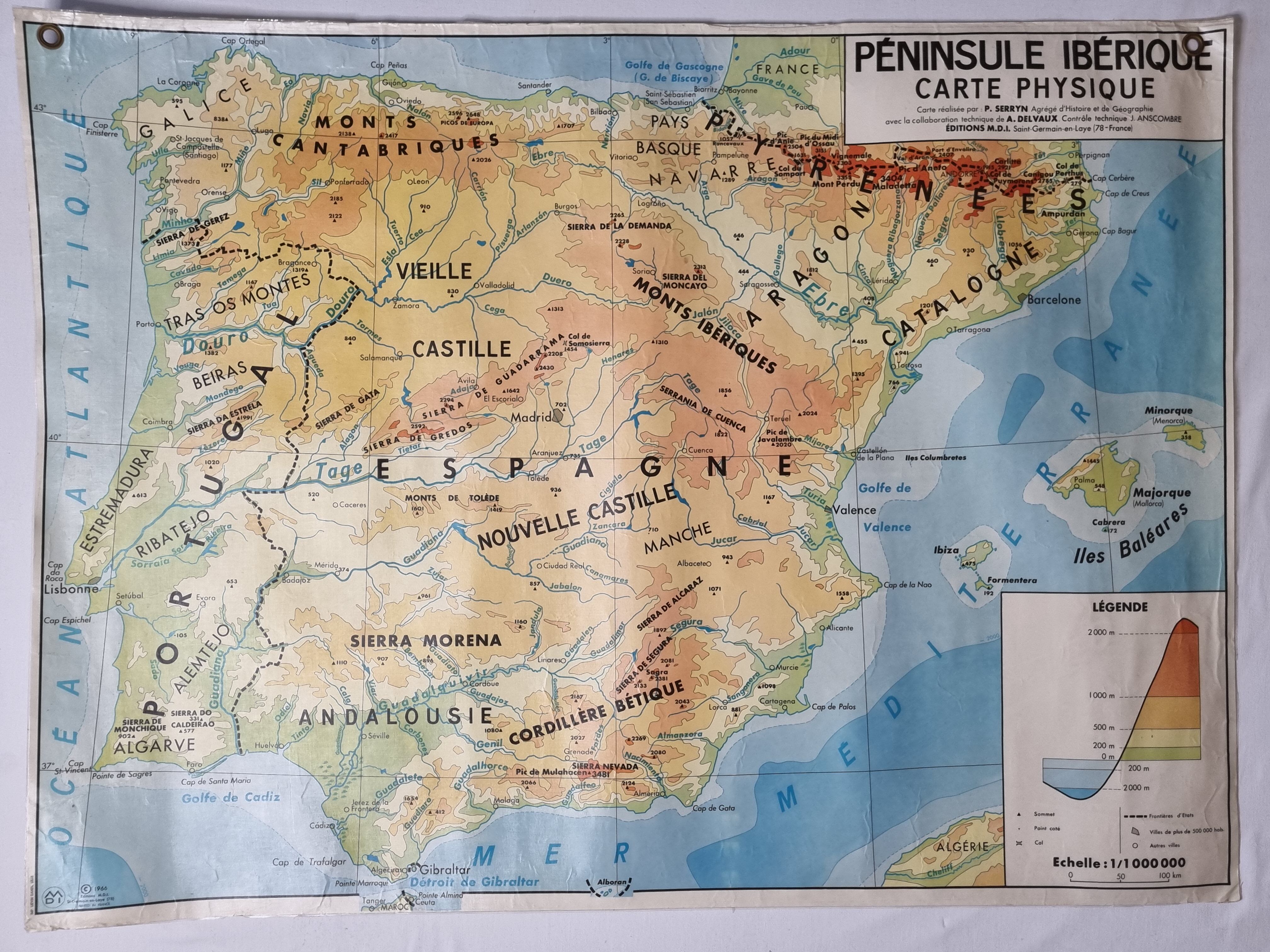 MDI Pedagogical Map, 1966, physical map of the Iberian Peninsula