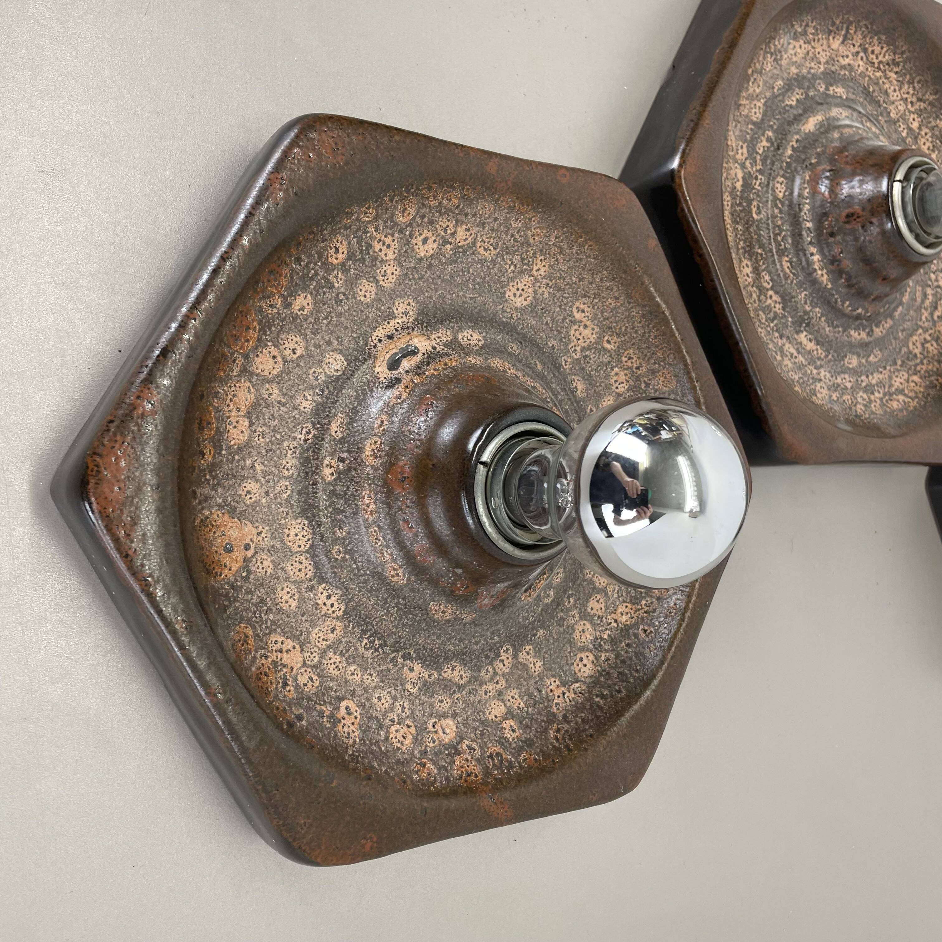 Set of Three brown Ceramic SPUTNIK Wall Lights by Pan Ceramics Germany 197