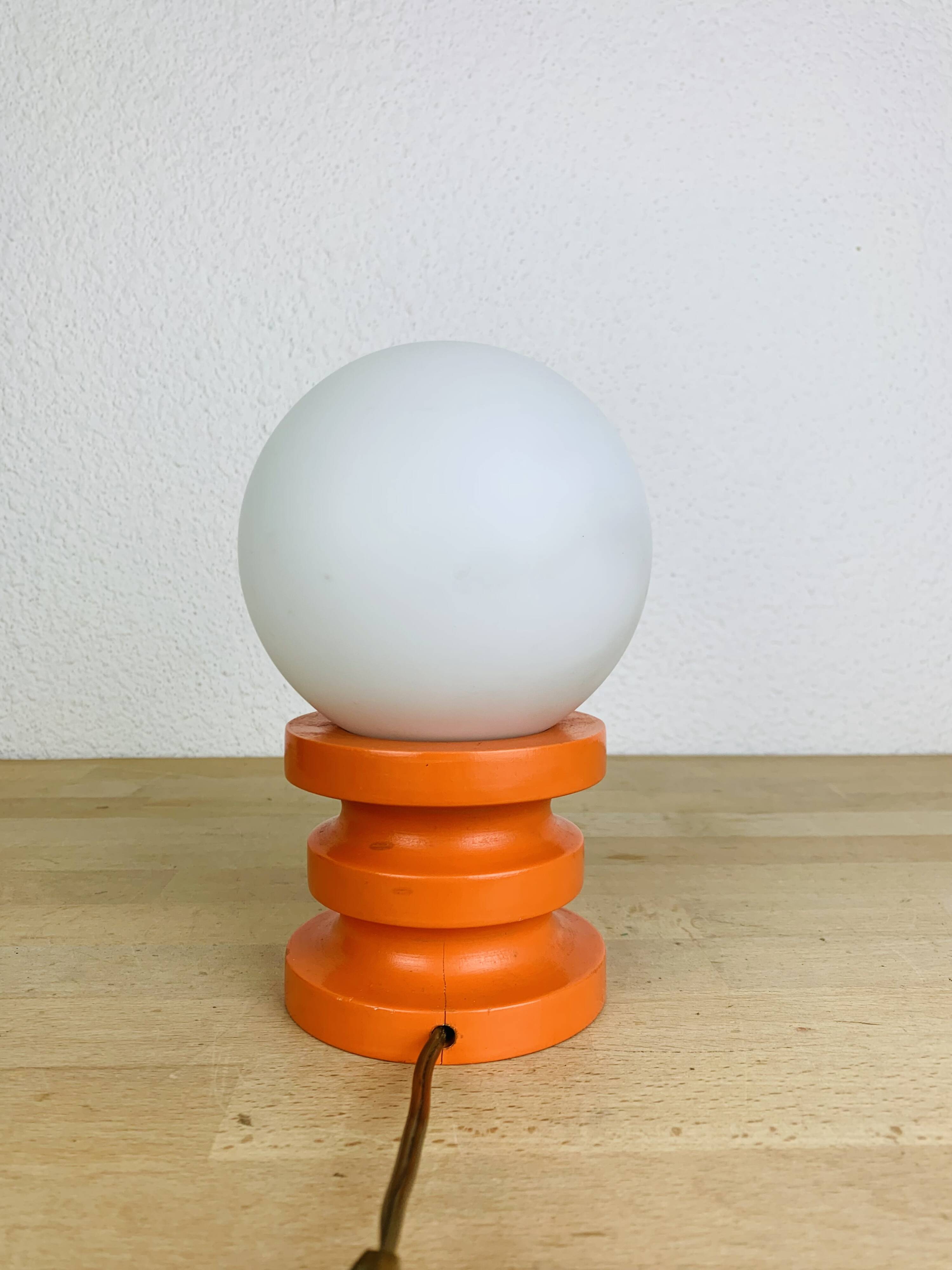 Space Age lamp in orange wood and opaline globe, 1970s