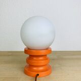 Space Age lamp in orange wood and opaline globe, 1970s
