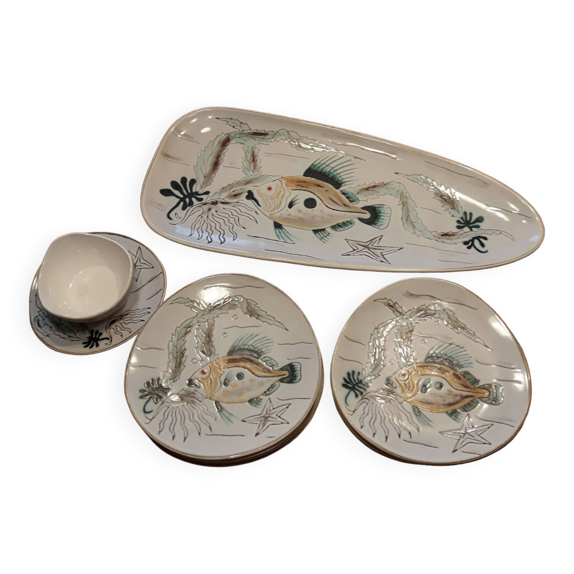 Fish service in Pornic earthenware model Etel, 12 pieces from the 60s