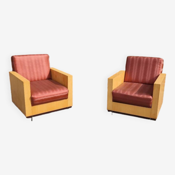 Pair of Art Deco style armchairs, 70's in lemon wood veneer.