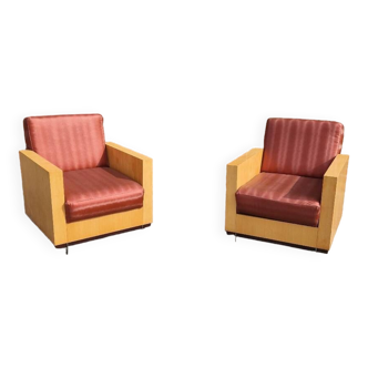 Pair of Art Deco style armchairs, 70's in lemon wood veneer.