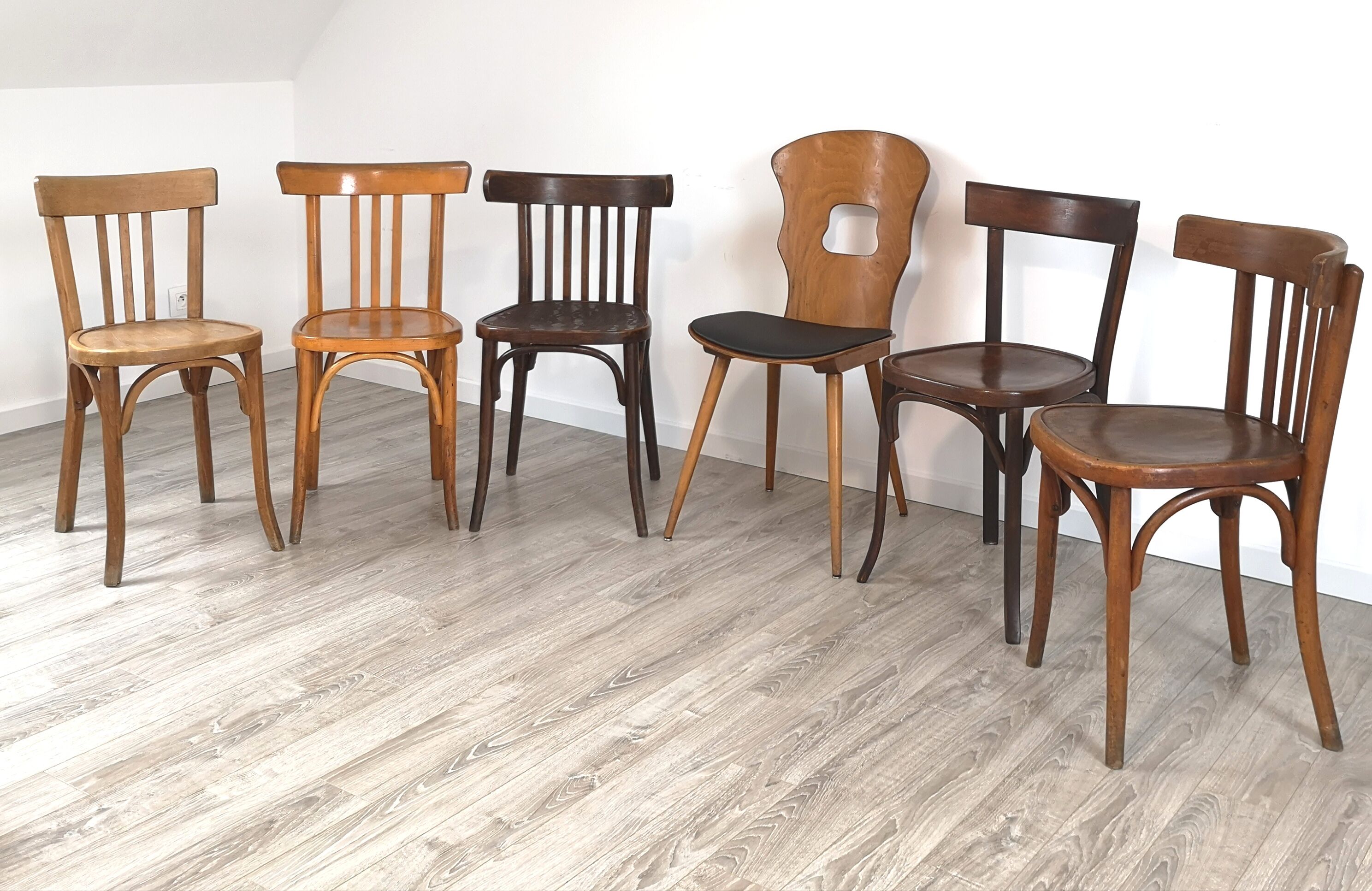 Series of 6 Bistro chairs dismatched Baumann and Fischel