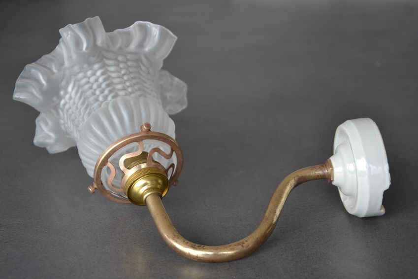 Wall lamp with glass tulip lampshade, brass swan collar holder and porcelain