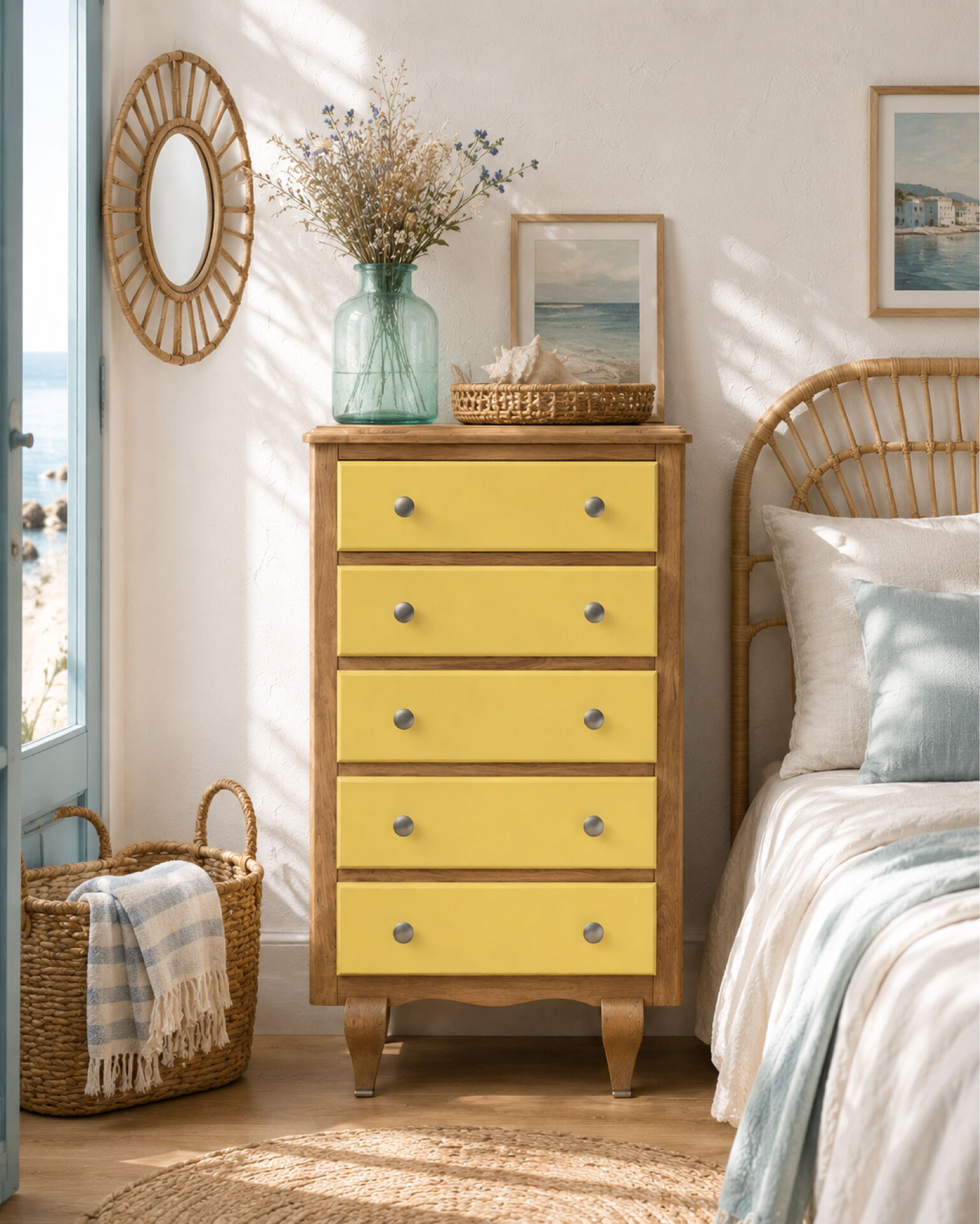 Chiffonnier art déco chêne brut et jaune