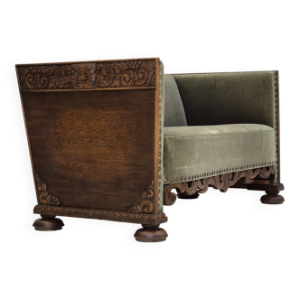 1950s, Danish 2 seater sofa, original condition, furniture velour, oak wood.