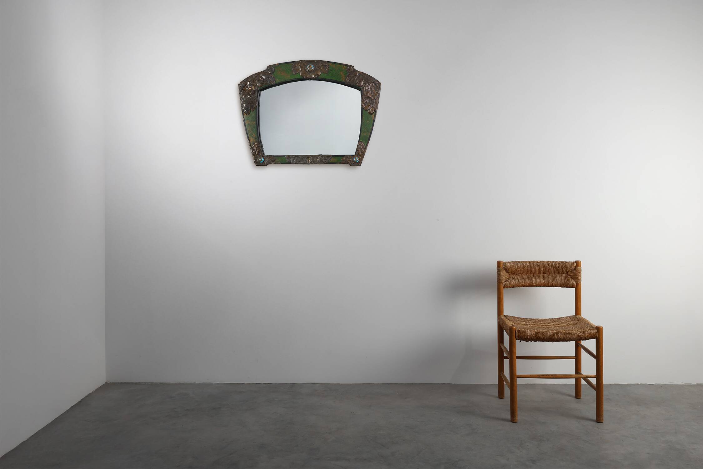 Arts & Crafts Mirror in green metal with glass decoration, France ca. 1905