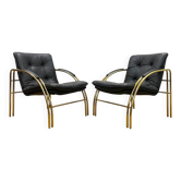 Vintage Leather and Metal Armchairs, 1990s, Set of 2